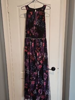 Sleeveless Purple & Pink Floral Maxi Dress with Waist Detail